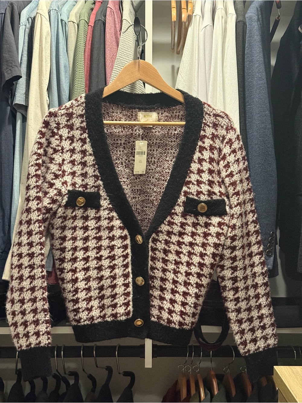 Maeve Burgundy & Cream Houndstooth Button-Front Cardigan